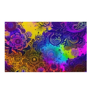 Puede incluir: Un diseño abstracto colorido con un fondo degradado arcoíris y intrincados patrones florales negros. El diseño presenta una variedad de formas y tamaños de flores, hojas y espirales.