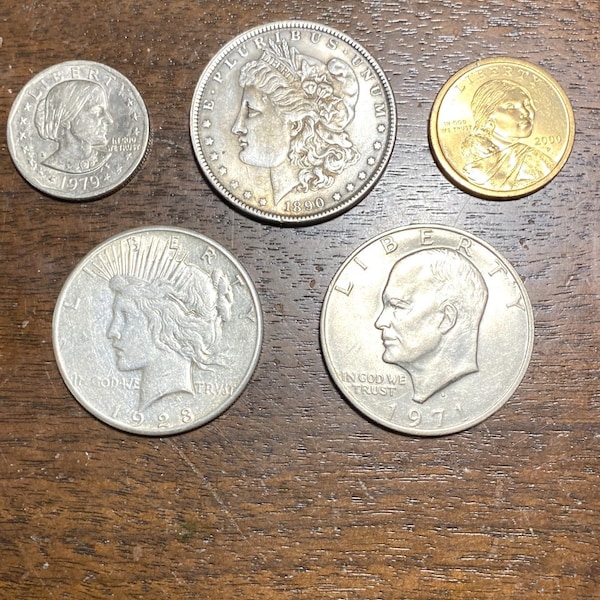1890 Morgan, 1923 Peace, 1971 Ike, 1979 Susan B., & 2000 Sacagawea - (lot of 5 one dollar coins)