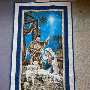 O Holy Night Wall Hanging – Holy Family Christmas Panel – Gold Star Longarm Quilted Panel– 47x28 – Ready to Hang
