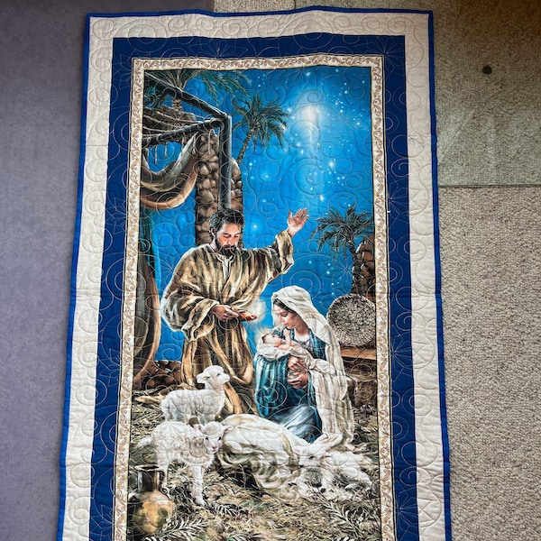 Handmade Christmas Wall Hanging Quilt, Blue, Beige and Gold Winter Holiday Wall Decor, Holy Family Nativity Image, Embroidered Gift