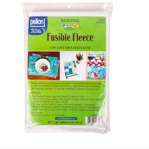 May include: A package of Pellon Fusible Fleece, a low loft 100% polyester quilting material. The clear plastic packaging features green and white branding with text, product images, and instructions. The package dimensions are 22 inches by 36 inches.