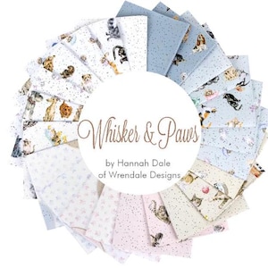 Whiskers and Paws 23 Piece Fat Quarter Bundle by Hannah Dale for Maywood Studios, Pastel Kittens and Dogs Quilting Fabric