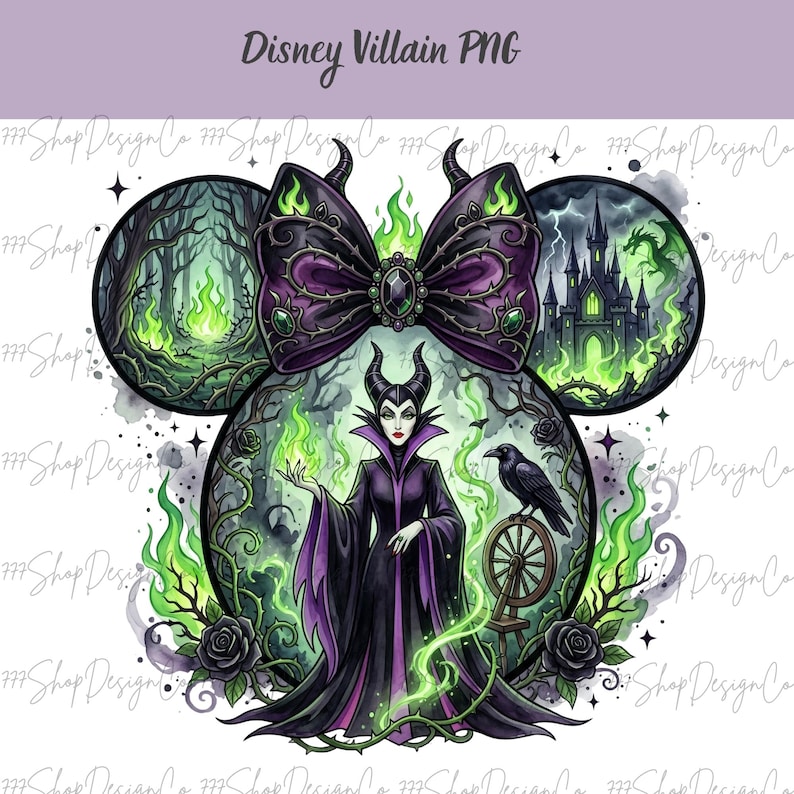 May include: A digital illustration featuring a Disney villain design. The image showcases a character in a black and purple gown, surrounded by green flames and a raven. The design includes a bow, horns, and a castle, with the text "Disney Villain PNG".