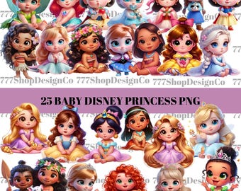 May include: A set of 25 digital images featuring baby versions of popular Disney princesses. Each image is a PNG file and features a different princess in a variety of poses and outfits. The princesses include Ariel, Belle, Cinderella, Elsa, Jasmine, Mulan, Pocahontas, Rapunzel, Snow White, and Tiana.