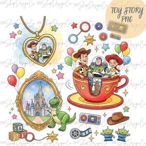 Può includere: Una collezione di grafiche digitali a tema Toy Story. Include immagini di Woody, Buzz Lightyear e Jessie in una giostra a tazzine, un ciondolo a forma di cuore, un castello incorniciato e altri elementi a tema.