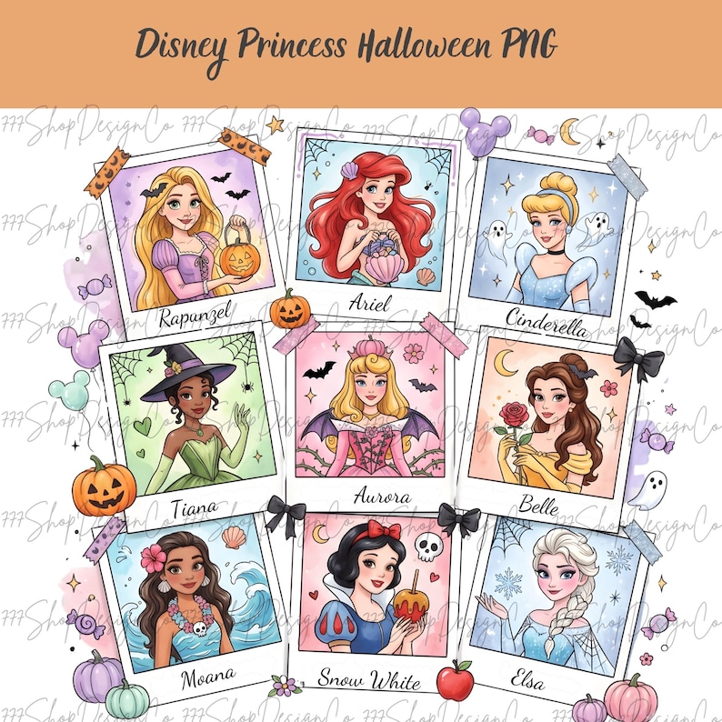 May include: A collection of nine watercolour illustrations of Disney princesses in Halloween costumes. Each princess is in a polaroid-style frame with Halloween-themed decorations. The text "Disney Princess Halloween PNG" is at the top.