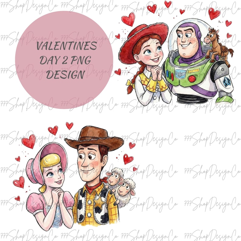 May include: Watercolor illustration featuring characters from a popular animated film. The image includes Jessie, Buzz Lightyear, Woody, and Bo Peep, with red heart accents. Text on a pink circle reads "VALENTINES DAY 2 PNG DESIGN".