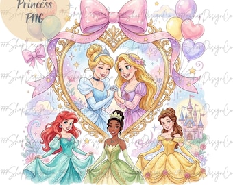 Pode incluir: Uma ilustração digital com princesas da Disney. Cinderela e Rapunzel estão dentro de uma moldura em forma de coração com um laço rosa. Ariel, Tiana e Bela estão abaixo. A imagem inclui balões, um castelo e o texto "Disney Princess PNG".