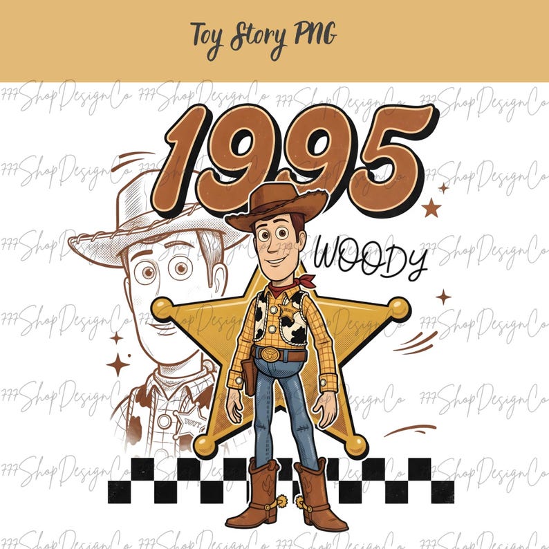 May include: A digital graphic featuring the text Toy Story PNG and 1995 in brown. A cartoon cowboy character stands in front of a large yellow star, with a line-art sketch of the same character behind it. The word WOODY is printed in black.