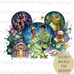 Peut inclure: Une conception numérique de style aquarelle mettant en vedette des personnages d'un film Disney. La conception comprend Tiana et le Prince Naveen, le Dr. Facilier, Louis l'alligator et d'autres personnages. Le texte "Tiana's Palace" est visible.
