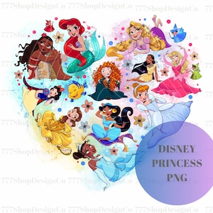 All Princess PNG, Princesses heart background, Water Color Princess Squad PNG, Cinderella, ariel, aurora png, Snow White png