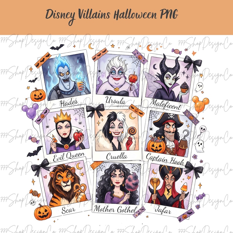 May include: A collection of nine Disney villain portraits in Polaroid-style frames, arranged in a circular pattern. Each portrait features a character like Hades, Ursula, and Maleficent, with Halloween-themed decorations such as pumpkins and bats.