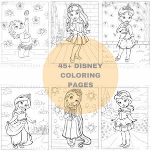 Könnte beinhalten: Ein Satz von sechs Schwarzweiß-Malvorlagen mit Disney-Prinzessinnen. Die Prinzessinnen sind in verschiedenen Posen und Umgebungen dargestellt, darunter Arielle, Belle, Cinderella, Moana, Rapunzel und Schneewittchen. Der Text "45+ DISNEY COLORING PAGES" wird in der Mitte des Bildes angezeigt.