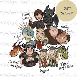 May include: A digital PNG design featuring characters from the animated movie "How to Train Your Dragon." The image includes Hiccup, Toothless, Astrid, Stormfly, Fishlegs, Meatlug, Snotlout, Hookfang, Ruffnut, Tuffnut, and Barf & Belch. The design is on a white background.