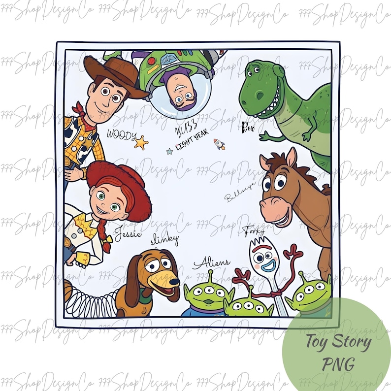 May include: A square graphic featuring characters from the animated film "Toy Story." The image includes Woody, Buzz Lightyear, Jessie, Rex, Bullseye, Slinky Dog, Forky, and the Aliens. The text "Toy Story PNG" is in the bottom right corner.