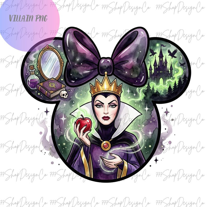 Puede incluir: Ilustraci&oacute;n digital de un personaje villano en un dise&ntilde;o de oreja de Mickey Mouse. La imagen incluye un lazo morado, un castillo, un espejo, una botella de veneno y una manzana roja. El texto "VILLAIN PNG" es visible.