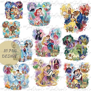 Peut inclure: Une collection de dix motifs aquarelles représentant des personnages Disney dans des formes d'oreilles de Mickey Mouse. Les motifs incluent des princesses et d'autres personnages de films Disney populaires. Le texte "10 PNG DESIGN" est visible.