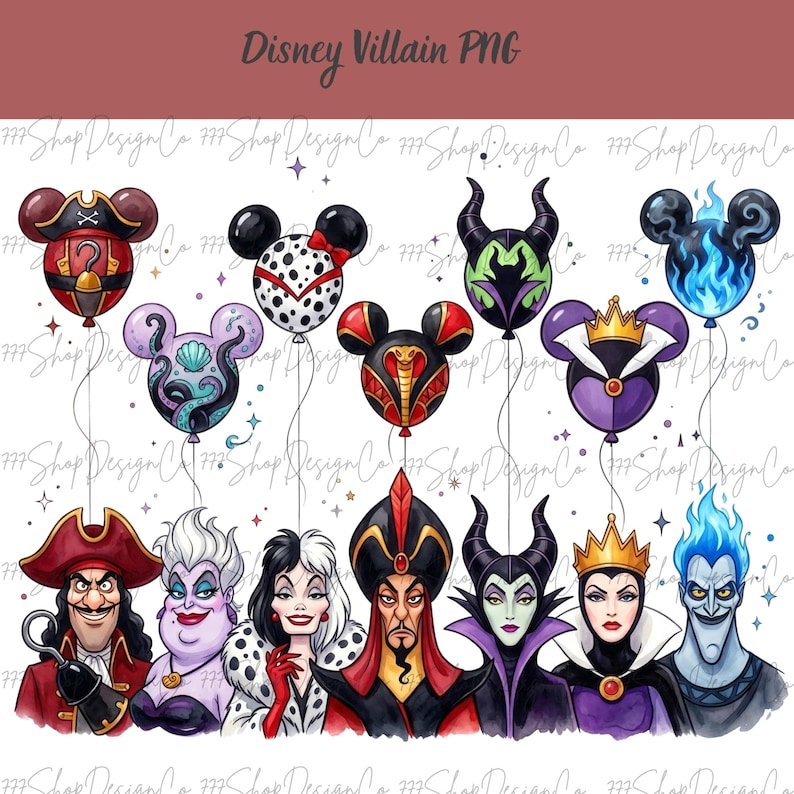 Puede incluir: Ilustraci&oacute;n en acuarela con villanos de Disney y globos con forma de Mickey Mouse. Los globos est&aacute;n dise&ntilde;ados para parecerse a los villanos, incluyendo al Capit&aacute;n Garfio, &Uacute;rsula y Mal&eacute;fica. El texto "Disney Villain PNG" est&aacute; en la parte superior.