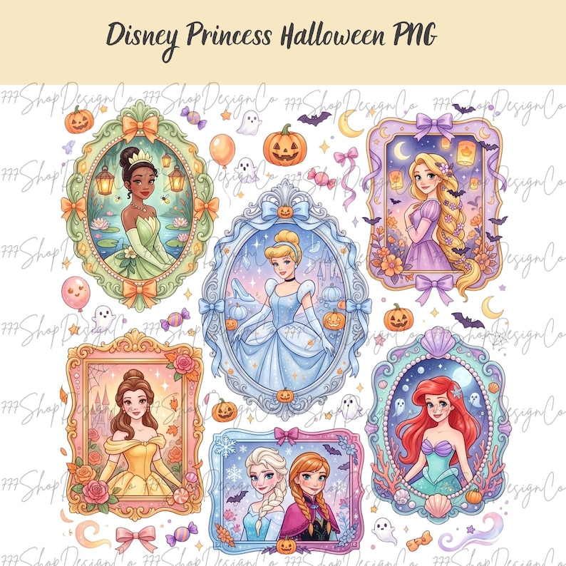 May include: A digital illustration featuring six Disney Princesses in ornate frames, with Halloween-themed elements like pumpkins, bats, and ghosts. The princesses are Tiana, Cinderella, Rapunzel, Belle, Elsa, Anna, and Ariel. The text "Disney Princess Halloween PNG" is at the top.