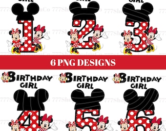 Minnie Birthday Numbers PNG Bundle, Birthday Girl PNG, Printable 1st-6th Age Milestone, Gift for Birthday PNG