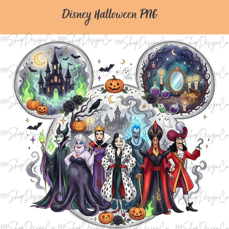 Pu&ograve; includere: Illustrazione digitale con i cattivi Disney a tema Halloween. L'immagine include personaggi come Malefica, Ursula e Capitan Uncino, con zucche, pipistrelli e un castello. Il testo "Disney Halloween PNG" &egrave; in alto.