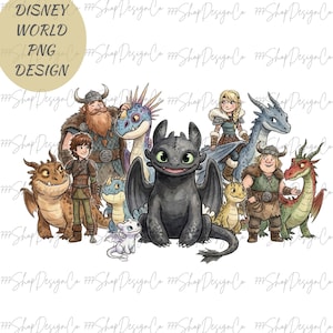 以下が含まれることがあります： 映画「ヒックとドラゴン」のキャラクターをフィーチャーしたデジタルデザイン。さまざまなドラゴンとバイキングのキャラクターが描かれており、円形のロゴに「DISNEY WORLD PNG DESIGN」というテキストが入っています。