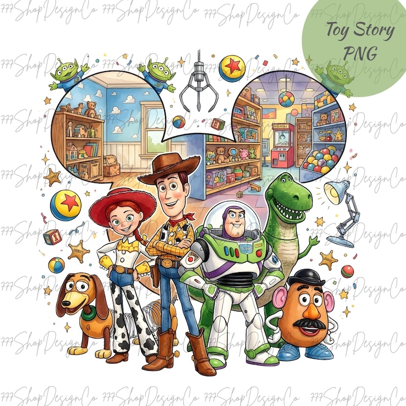 May include: A colorful illustration featuring characters from the Toy Story movie. Woody, Buzz Lightyear, Jessie, Rex, Mr. Potato Head, and Slinky Dog are depicted. The background includes toy store scenes and the text "Toy Story PNG".
