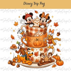 Peut inclure: Une illustration numérique intitulée Disney Trip Png montrant une pile de trois tasses remplies de crème fouettée et de bâtons de cannelle, entourée de Mickey, Minnie, Donald, Daisy, Dingo, Pluto, Tic et Tac avec des feuilles d'automne.