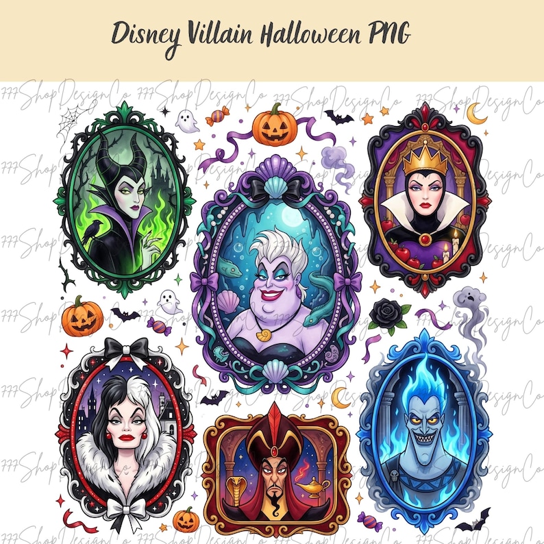 K&ouml;nnte beinhalten: Eine Sammlung von Disney-B&ouml;sewicht-Portr&auml;ts in verzierten Rahmen, darunter Maleficent, Ursula, die b&ouml;se K&ouml;nigin, Cruella de Vil, Jafar und Hades. Das Bild hat ein Halloween-Thema mit K&uuml;rbissen, Flederm&auml;usen und Geistern. Der Text oben lautet "Disney Villain Halloween PNG."