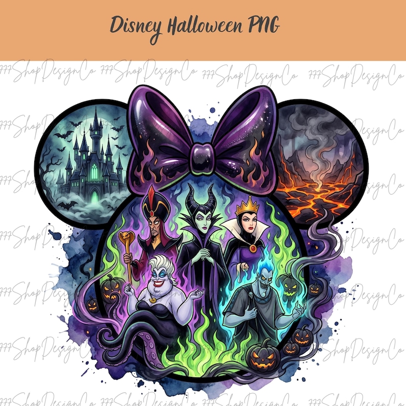 Pu&ograve; includere: Un'illustrazione ad acquerello con i cattivi Disney all'interno di un design a orecchio di Topolino. L'immagine include un fiocco viola, un castello infestato e un paesaggio infuocato. Il testo "Disney Halloween PNG" &egrave; in alto.