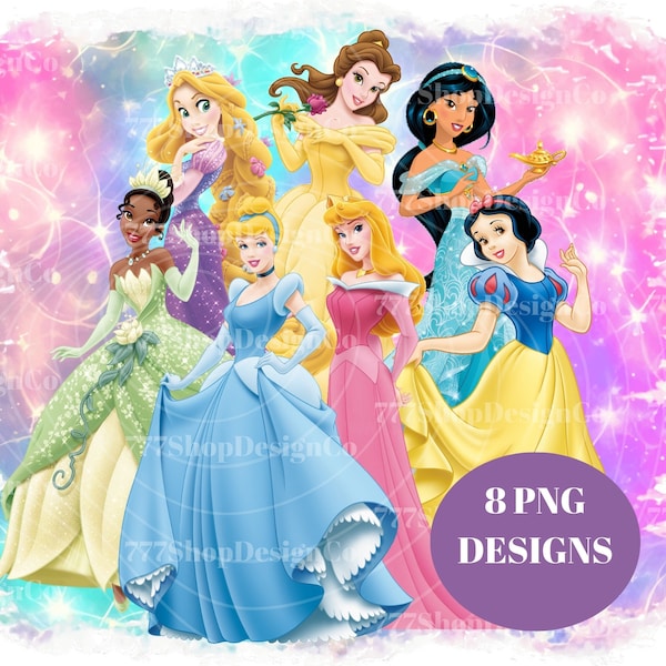 Toutes les princesses PNG, Princesses Aquarelle de fond, Princesse png clipart, Cendrillon, ariel, aurore, 8 images Bundle