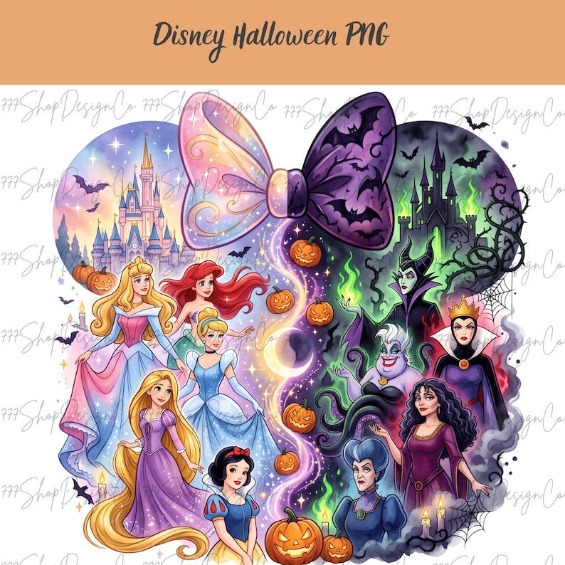 May include: A watercolor illustration featuring Disney princesses and villains with a Halloween theme. The image includes a castle, bats, pumpkins, and a large bow. Text at the top reads "Disney Halloween PNG".