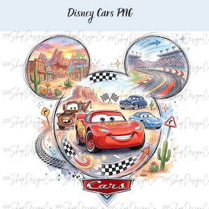 May include: A digital illustration featuring Disney Cars characters Lightning McQueen, Mater, Sally, and Doc Hudson arranged within a Mickey Mouse-shaped frame. The design includes a desert landscape, a racetrack, checkered flags, and the Cars logo.
