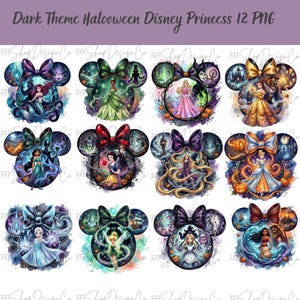 May include: A collection of twelve dark-themed Disney Princess designs in a PNG format. Each design features a princess within a Mickey Mouse ear silhouette, with a bow at the top. The princesses include Ariel, Tiana, Belle, Jasmine, Snow White, Rapunzel, Cinderella, Elsa, Tinkerbell, Alice, and Moana.