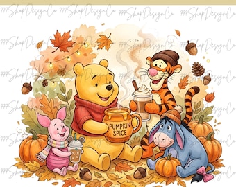 Può includere: Un'illustrazione digitale con Winnie the Pooh, Pimpi, Tigro e Ih-Oh circondati da foglie autunnali, zucche e ghiande. Pooh tiene una tazza con la scritta PUMPKIN SPICE, Tigro una tazza di caffè e Pimpi una bevanda.