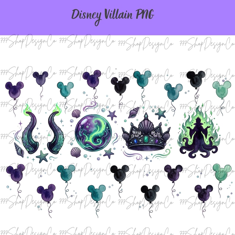 May include: A collection of watercolor illustrations featuring Disney villains. Includes Mickey Mouse-shaped balloons, a crown, a crystal ball, tentacles, and a silhouette of a villain in green flames. The text "Disney Villain PNG" is at the top.