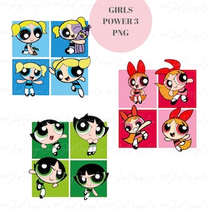 Puede incluir: Ilustración digital de las Supernenas. La imagen está dividida en secciones, mostrando a los personajes Pétalo, Burbuja y Cactus en varias poses. El texto "GIRLS POWER 3 PNG" está en un círculo rosa.