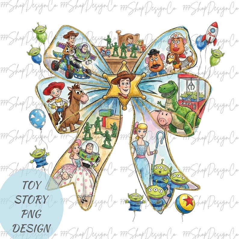 Op de afbeelding: Waterverfillustratie van een lichtblauwe strik met personages uit de film Toy Story. De strik bevat Woody, Buzz Lightyear en andere personages. De tekst "TOY STORY PNG DESIGN" is ook opgenomen.