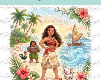 Pode incluir: Ilustração digital de uma Princesa Disney PNG. A imagem mostra uma cena de praia tropical com uma personagem feminina central em um traje vermelho e branco, rodeada por outros personagens, palmeiras e elementos oceânicos.