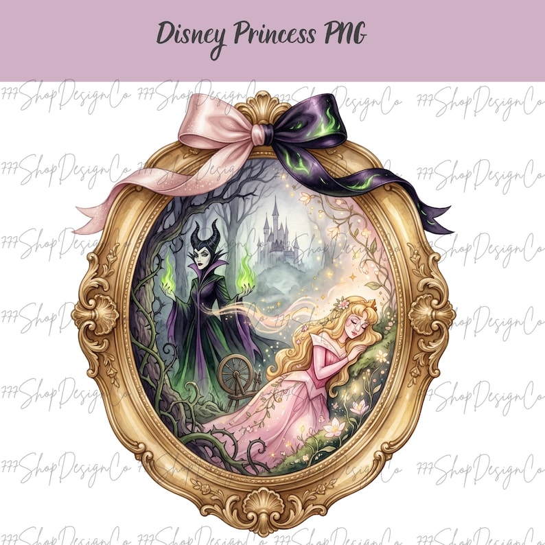 May include: A watercolor illustration within a gold ornate frame, featuring characters from Disney's Sleeping Beauty. Maleficent stands with green flames, while Princess Aurora sleeps. The frame is topped with a pink and black bow. Text reads "Disney Princess PNG".