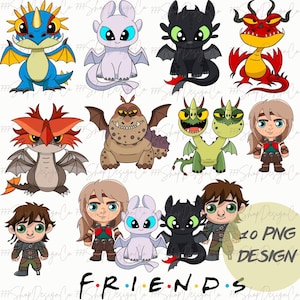 Könnte beinhalten: Eine Sammlung farbenfroher Cartoon-Drachen- und Charakterdesigns. Das Bild zeigt verschiedene Drachen in Blau, Weiß, Schwarz und Rot sowie menschliche Charaktere. Der Text "10 PNG DESIGN" und "FRIENDS" ist ebenfalls vorhanden.