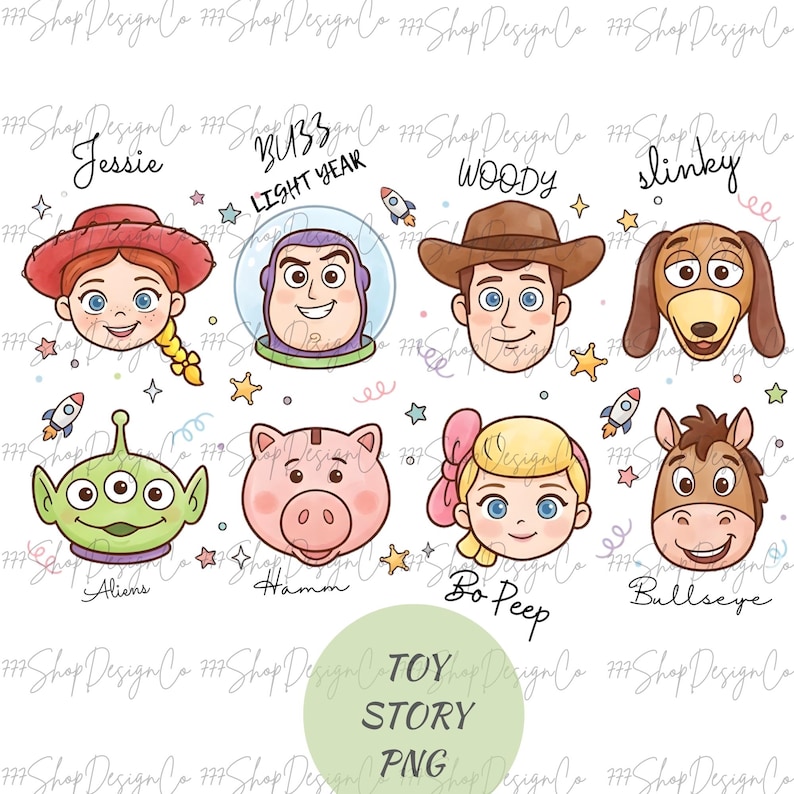May include: A digital illustration featuring the characters from Toy Story. The image includes Jessie, Buzz Lightyear, Woody, Slinky, Aliens, Hamm, Bo Peep, and Bullseye. The text "Toy Story PNG" is also present.