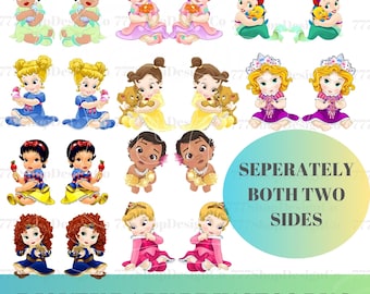 May include: A collection of Disney Baby Princess PNG images. The images feature various princesses in adorable poses, dressed in their signature outfits. The princesses are in different colors, including pink, yellow, blue, and green. The text "SEPERATELY BOTH TWO SIDES" and "DISNEY BABY PRINCESS PNG" are also visible.