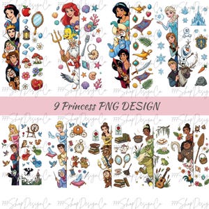 Könnte beinhalten: Ein digitales Design mit neun PNG-Bildern zum Thema Prinzessinnen. Die Illustrationen umfassen Charaktere wie Schneewittchen, Arielle, Jasmin und Elsa sowie zugehörige Symbole wie eine Zauberlampe, eine Rose und einen Glasschuh. Der Text "9 Princess PNG DESIGN" ist ebenfalls enthalten.