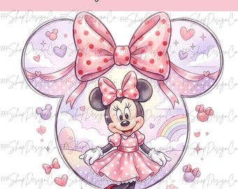 Pode incluir: Ilustração em aquarela da Minnie Mouse com vestido e laço de bolinhas rosa. A imagem apresenta um laço grande com bolinhas vermelhas, um arco-íris e o texto "Disney Minnie PNG". O fundo é rosa e roxo claro.