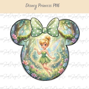 May include: A whimsical illustration featuring Tinkerbell in a forest setting, framed within a Mickey Mouse silhouette. The design includes a green bow with white polka dots, lush foliage, and the text "Disney Princess PNG".