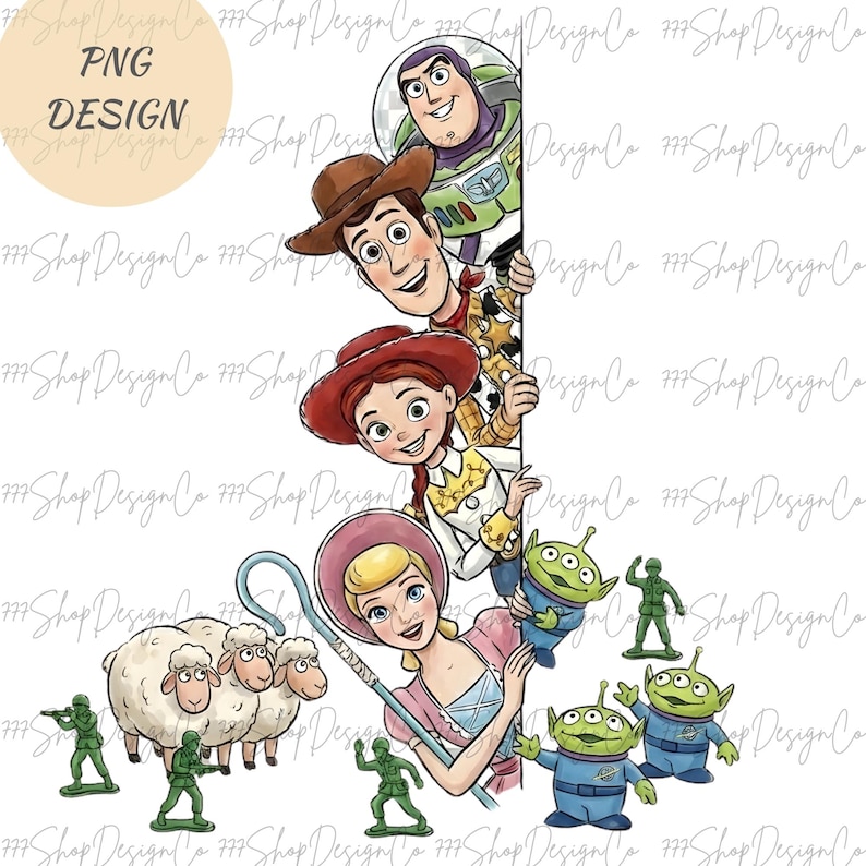Puede incluir: Un dise&ntilde;o PNG digital con personajes de la franquicia Toy Story. Woody, Buzz Lightyear, Jessie, Bo Peep, los extraterrestres, los soldados verdes y las ovejas son visibles. El dise&ntilde;o incluye el texto "PNG DESIGN".