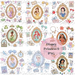 May include: A digital illustration featuring nine Disney princesses in ornate oval frames, surrounded by themed icons like castles, balloons, and desserts. The image includes the text "Disney Princess 9 PNG".