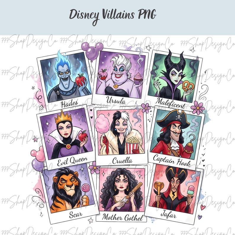 K&ouml;nnte beinhalten: Neun Illustrationen von Disney-B&ouml;sewichten im Polaroid-Stil. Zu den Charakteren geh&ouml;ren Hades, Ursula, Maleficent, Evil Queen, Cruella, Captain Hook, Scar, Mother Gothel und Jafar. Der Titel "Disney Villains PNG" steht oben.