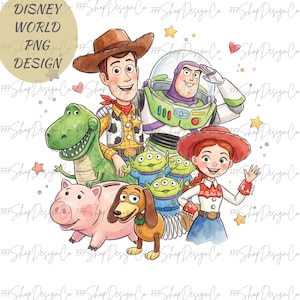 Può includere: Illustrazione ad acquerello dei personaggi di Toy Story della Disney, tra cui Woody, Buzz Lightyear, Jessie, Rex, gli Aliens, Hamm e Slinky Dog. L'immagine include il testo "DISNEY WORLD PNG DESIGN".